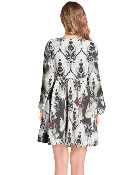 Lantern Sleeve Deep V-Neck Short Dress